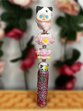 Handmade Rhinestone Beaded Pen with Flocked Pink Shirt Pitty Topper
